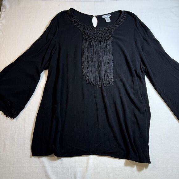 Catherines 1X Pretty Black Loose Fitting Lightweight Top Fringe & Crocheted Neck - Picture 10 of 11